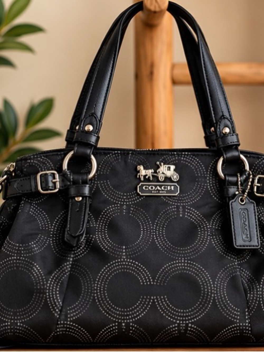Coach Madison Dotted OP Art Carryall 16366 Black Bag + Dust Bag